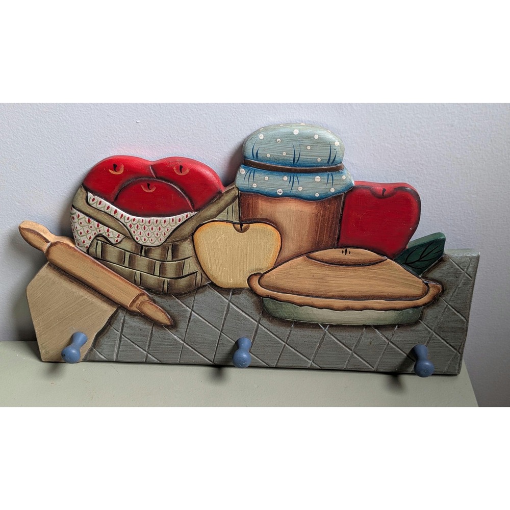 Vintage Kitchen Wall Hook Rack Apple Pie Rolling Pin Country Decor